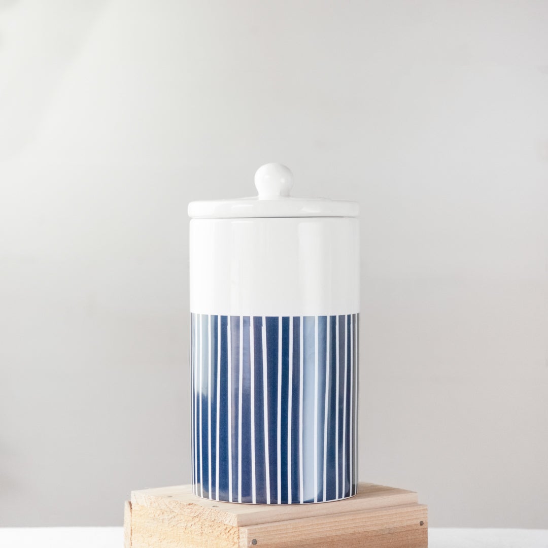 9.5" WHITE & BLUE STRIPE CANISTER