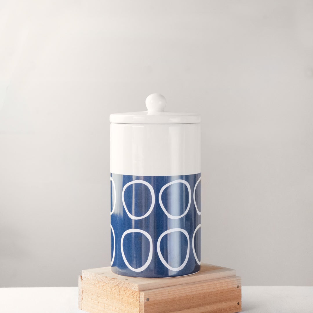 9.5" WHITE & BLUE CIRCLE CANISTER